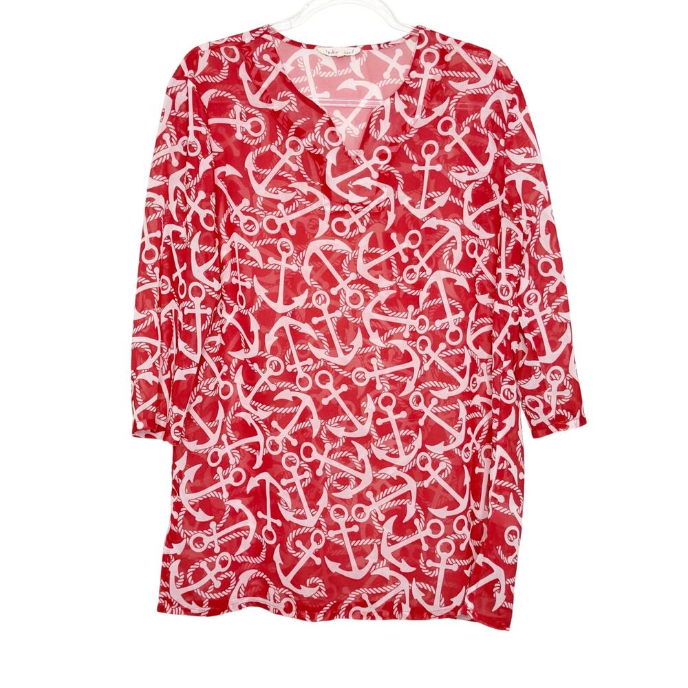 INDIGO SOUL Tunic Top V-Neck 3/4 Sleeve Cover-Up Anchor Print Red White Womens L - Picture 3 of 9
